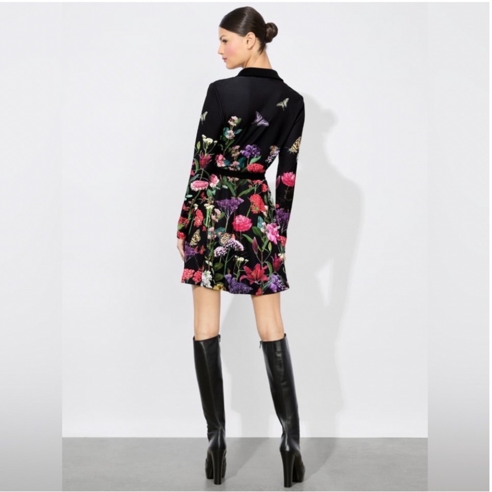 Alice + Olivia Millicent Wrap Dress Black Floral Butterfly Long Sleeve Mini 10 - Picture 4 of 15